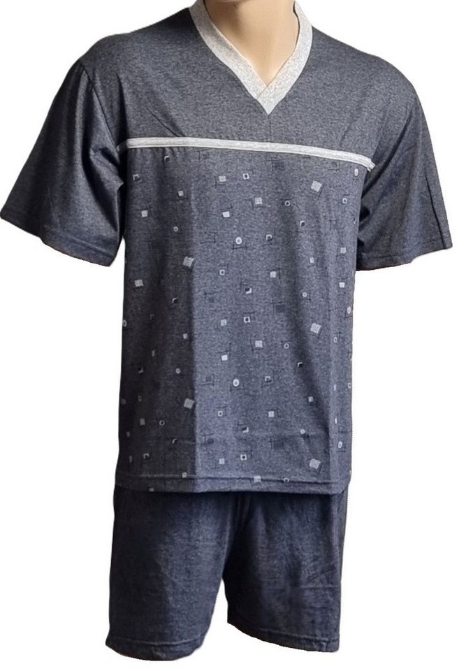 Toker Collection® Pyjama Herren Shorty 2 Teilig mit V - Ausschnitt und kleiner Knopfleiste (1 Stück Packung, 1 Stück) Musterdruck, quer gesteppte Kante von Toker Collection®
