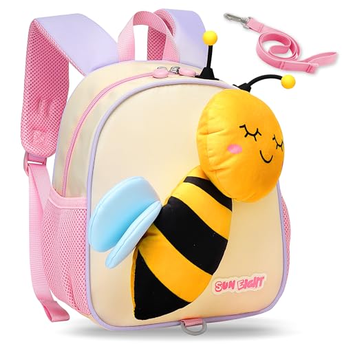 Tokeya Kinderrucksack Mädchen Kindergartenrucksack Leicht Wasserdicht Rucksack Kinder, Niedliche Biene Vorschule Kinderrucksäcke mit Leine, Kita Rucksack Kleinkind Baby für 2-6 Jahre, Lila von Tokeya