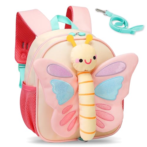 Tokeya Kinderrucksack Mädchen Kindergartenrucksack Leicht Wasserdicht Rucksack Kinder, Niedliche Schmetterlinge Vorschule Kinderrucksäcke mit Leine, Kita Rucksack Kleinkind Baby für 2-6 Jahre, Rosa von Tokeya