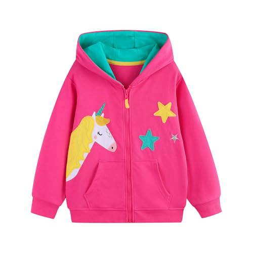 Tokeya Mädchen Kapuzenpullover Zip Up Hoodie Langarm Warm Baumwolle Einhorn Sweatjacke Pullover Hoody Sweatshirt mit Reißverschluss und Taschen Kleidung Mädchen Tops 7-8 Jahre Gr.122-128, Rosenrot von Tokeya