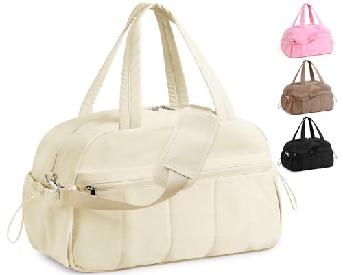 Tokeya Reisetasche Damen Leicht Puffer Sporttasche mit PVC Nassfach 24L Wasserdicht Weekender Travel Bag für Frauen, Faltbare Reisetaschen Handgepäck für Sport Fitness Flugzeug Reise, Weiß von Tokeya