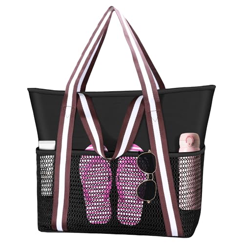 Tokeya Strandtasche Damen Groß Beach Tote Bag mit Reißverschluss Wasserdicht Mesh Badetasche Familie Faltbar Saunatasche Gross Handtasche für Reisen Strand und Einkaufen, Schwarz von Tokeya