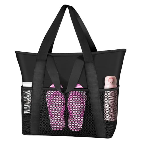 Tokeya Strandtasche Damen Groß Beach Tote Bag mit Reißverschluss Wasserdicht Mesh Badetasche Familie Faltbar Saunatasche Gross Handtasche für Reisen Strand und Einkaufen（Schwarz） von Tokeya