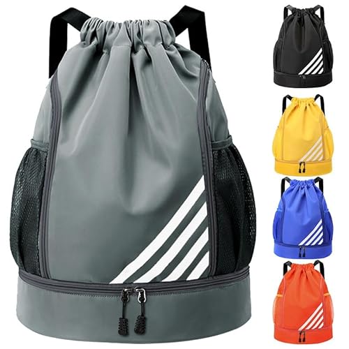 Tokeya Turnbeutel Kordelzug Herren Sportbeutel Wasserdicht Rucksack mit Schuhfach Tunnelzug Daypack Fussball Tasche Sporttasche Leichter Gymsack für Reisen Schwimmen Fitness Basketball, Grau von Tokeya