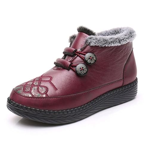 Tokouk Damen Schneestiefel Fleece Gefüttert Gemütlich Outdoor Winter Verdickte Warme Weiche Unterseite Leder Wasserdicht Baumwolle Stiefel Slip On MAMA Schneeschuhe, Rot/Ausflug, einfarbig (Getaway von Tokouk