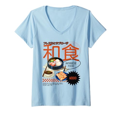 Damen Japanisches Essen Ramen Sushi Retro Streetwear T-Shirt mit V-Ausschnitt von Tokyo Flavor Apparel