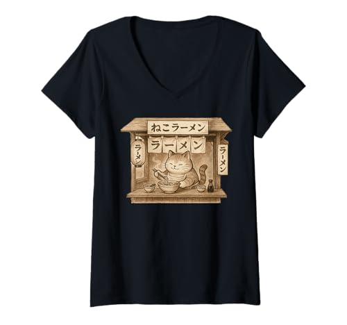 Damen Vintage-Ramenständer Chonky Cat Japanese Harajuku T-Shirt mit V-Ausschnitt Damen Vintage-Ramenständer Chonky Cat Japanese Harajuku T-Shirt mit V-Ausschnitt von Tokyo Harajuku Aesthetic Minimalist Manga Ramen