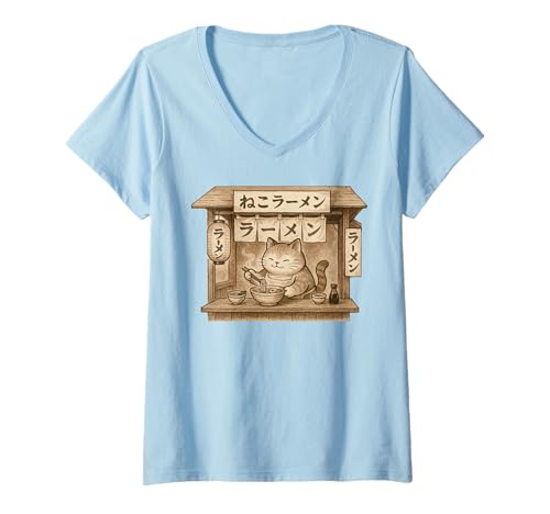 Damen Vintage-Ramenständer Chonky Cat Japanese Harajuku T-Shirt mit V-Ausschnitt Damen Vintage-Ramenständer Chonky Cat Japanese Harajuku T-Shirt mit V-Ausschnitt von Tokyo Harajuku Aesthetic Minimalist Manga Ramen