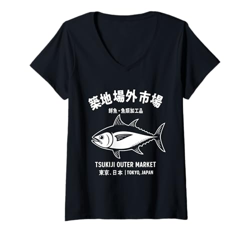 Damen Tokyo Japan Thunfisch Fisch Sushi Liebhaber Japanischer Tsukiji Markt T-Shirt mit V-Ausschnitt Damen Tokyo Japan Thunfisch Fisch Sushi Liebhaber Japanischer Tsukiji Markt T-Shirt mit V-Ausschnitt von Tokyo Japan Tuna Fish Sushi Lover
