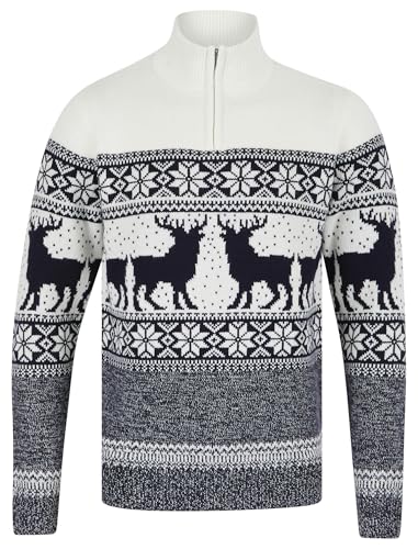 Men's Gullfoss Nordic Fair Isle Jacquard Knit Jumper with Quarter Zip Funnel Neck in Laundered Ecru - Merry Christmas - L von Tokyo Laundry