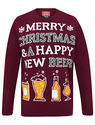 Tokyo Laundry Herren-Pullover „Merry Christmas“, ausgefallener Weihnachtspullover Gr. Small, Happy New Beer Oxblood von Tokyo Laundry