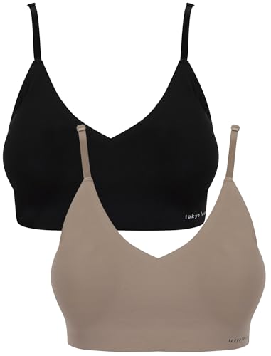 Tokyo Laundry Lola Damen Bralette ohne Bügel, volle Körbchen, weich gepolstert, Stretch-Nylon, Plunge Bralette mit Spitzendetail hinten, 2 Stück, Tiefschwarz / Nerz, Large von Tokyo Laundry