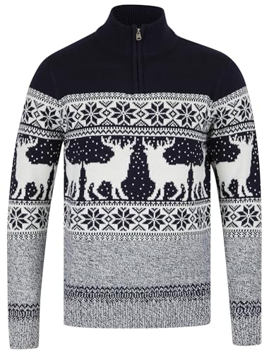 Men's Gullfoss Nordic Fair Isle Jacquard Knit Jumper with Quarter Zip Funnel Neck in Ink - Merry Christmas - XXL von Tokyo Laundry