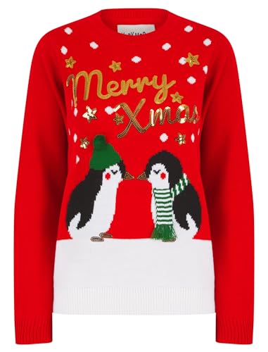 Women's Kissing Penguin Sequin Novelty Knitted Christmas Jumper in Tokyo Red - Merry Christmas - 10/S von Tokyo Laundry