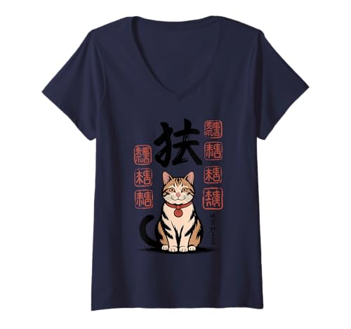 Damen Glückskatze mit japanischer Kanji-Kunst T-Shirt mit V-Ausschnitt von Tokyo Paws Co.