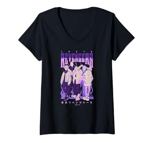 Damen Tokyo Revengers Character Group Purple Flames Anime T-Shirt mit V-Ausschnitt von Tokyo Revengers