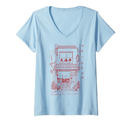 Damen Retro Vintage Japan Ramen Sushi Shop T-Shirt mit V-Ausschnitt Damen Retro Vintage Japan Ramen Sushi Shop T-Shirt mit V-Ausschnitt von Tokyo Streetwear Co.