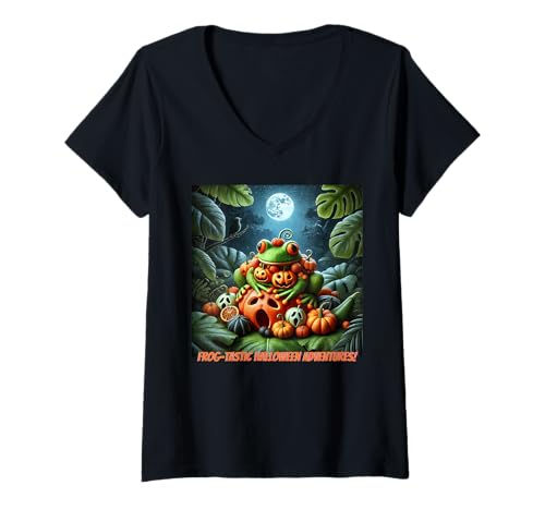 Damen Frosch-tastische Halloween Abenteuer! Lustiger Kürbis-Frosch T-Shirt mit V-Ausschnitt Damen Frosch-tastische Halloween Abenteuer! Lustiger Kürbis-Frosch T-Shirt mit V-Ausschnitt von Tokyo Toons