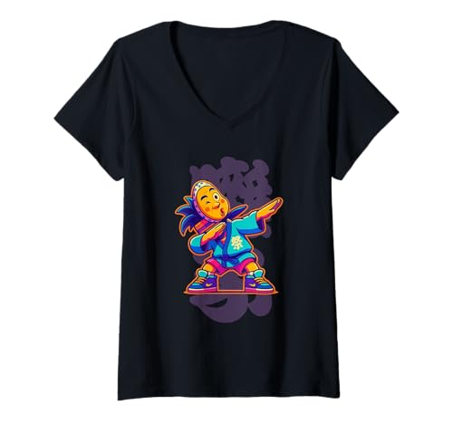 Damen Lustiger Festival-Charakter mit Dab und 囃子“-Kanji T-Shirt mit V-Ausschnitt Damen Lustiger Festival-Charakter mit Dab und 囃子“-Kanji T-Shirt mit V-Ausschnitt von Tokyo Toons