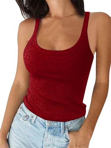 Tank Tops Damen Ärmellos Oberteil Spaghetti Crop Camisole Sommer Slim Fit Gerippt Basic Tanktops Shirt Rotwein M von Tolaler