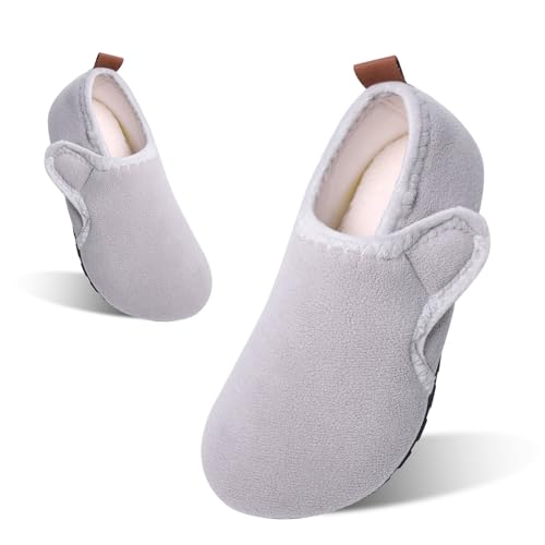 Tolaler Hausschuhe Kinder Mädchen Jungen Plüsch Pantoffeln Warme Rutschfeste Abriebfeste Weiche Kuschelige Klettverschluss Niedlich Winter Slipper Unisex Indoor Kindergarten A-Grau 27/28 von Tolaler