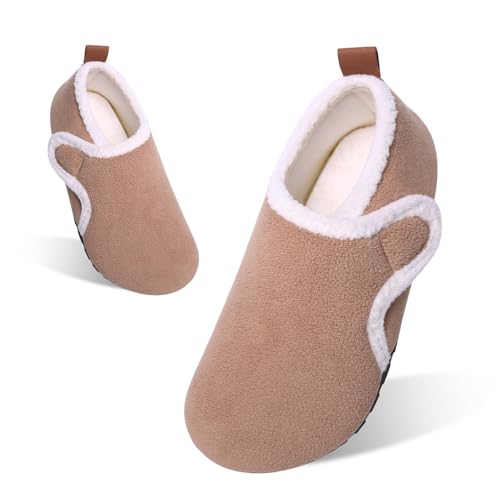 Tolaler Hausschuhe Kinder Mädchen Jungen Plüsch Pantoffeln Warme Rutschfeste Abriebfeste Weiche Kuschelige Klettverschluss Niedlich Winter Slipper Unisex Indoor Kindergarten A-Hellbraun 21/22 von Tolaler