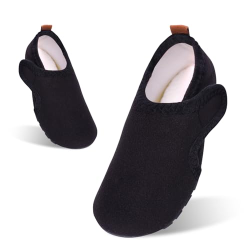 Tolaler Hausschuhe Kinder Mädchen Jungen Plüsch Pantoffeln Warme Rutschfeste Abriebfeste Weiche Kuschelige Klettverschluss Niedlich Winter Slipper Unisex Indoor Kindergarten A-Schwarz 23/24 von Tolaler