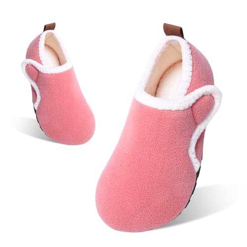 Tolaler Hausschuhe Kinder Mädchen Jungen Plüsch Pantoffeln Warme Rutschfeste Abriebfeste Weiche Kuschelige Klettverschluss Niedlich Winter Slipper Unisex Indoor Kindergarten A-Watermelonrot 25/26 von Tolaler