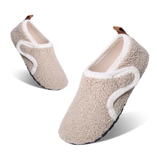 Tolaler Hausschuhe Kinder Mädchen Jungen Plüsch Pantoffeln Warme Rutschfeste Abriebfeste Weiche Kuschelige Klettverschluss Niedlich Winter Slipper Unisex Indoor Kindergarten Beige 25/26 von Tolaler