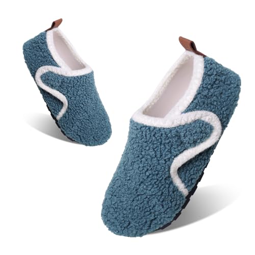Tolaler Hausschuhe Kinder Mädchen Jungen Plüsch Pantoffeln Warme Rutschfeste Abriebfeste Weiche Kuschelige Klettverschluss Niedlich Winter Slipper Unisex Indoor Kindergarten Blau 29/30 von Tolaler
