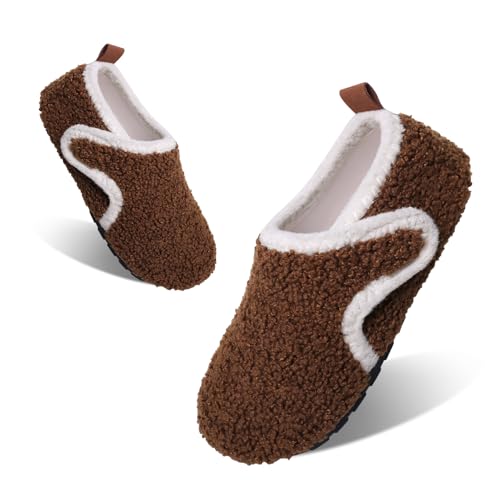 Tolaler Hausschuhe Kinder Mädchen Jungen Plüsch Pantoffeln Warme Rutschfeste Abriebfeste Weiche Kuschelige Klettverschluss Niedlich Winter Slipper Unisex Indoor Kindergarten Braun 23/24 von Tolaler