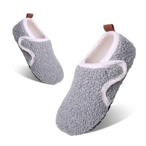 Tolaler Hausschuhe Kinder Mädchen Jungen Plüsch Pantoffeln Warme Rutschfeste Abriebfeste Weiche Kuschelige Klettverschluss Niedlich Winter Slipper Unisex Indoor Kindergarten Grau 25/26 von Tolaler