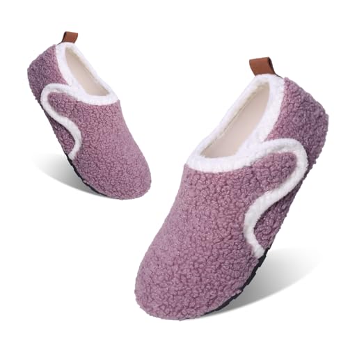 Tolaler Hausschuhe Kinder Mädchen Jungen Plüsch Pantoffeln Warme Rutschfeste Abriebfeste Weiche Kuschelige Klettverschluss Niedlich Winter Slipper Unisex Indoor Kindergarten lila 27/28 von Tolaler