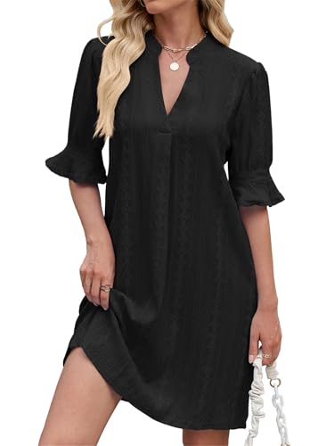 Tolaler Kleider Damen Sommer Elegant Freizeitkleid Frauen V-Ausschnitt Rüschen Minikleid Casual Kurzes Einfarbig Kleid Schwarz M von Tolaler