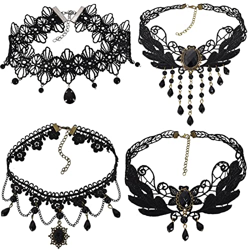 Gothic Halskette Set 4 Stück Spitze Choker Halsband Damen Schwarz Kette Vintage Choker Lolita Kostüm Schmuck für Halloween Pfingsten Maskerade Karneval Fasching Cosplay Kostüm Zubehör (Stil 1) von Tolenre