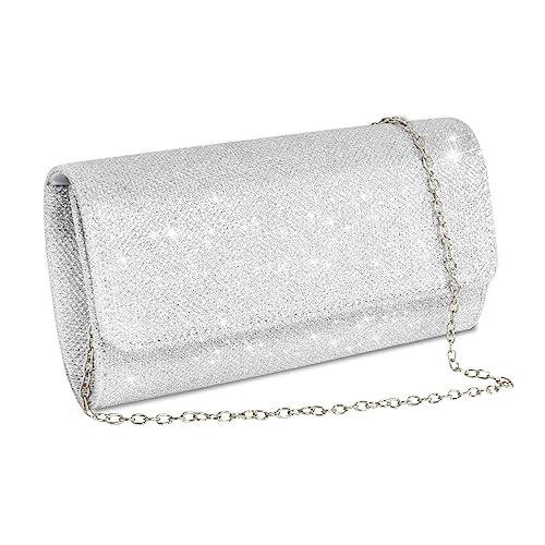 Tolenre Damen Clutch Abendtasche Silber Glitzer Kettentasche Elegante Envelope Tasche Party Umhängetasche für Damen Mädchen Hochzeit Freizeit Party Abschlussball Prom von Tolenre