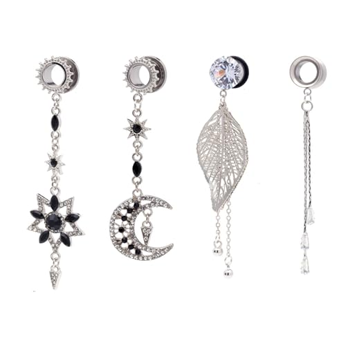 Tolldek 10mm Tunnel Plug Klein 4Pcs, Blatt Mond Anhänger Ohr Expander Set mit Zirkonia, Edelstahl Silber Ohrringe für Damen Mädchen Damen Körper Piercing Schmuck von Tolldek
