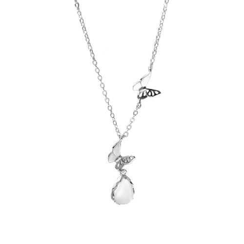 Tolldek 14K 585 Weißgold Damen Kette Anhänger, Damenkette Schmetterling Tropfen mit Mondstein Tropfenschliff Transparent, Halskette Frauen Au585 Gold Echter Schmuck, 40+5 von Tolldek