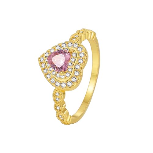 Tolldek 14K Gelbgold 585 Freundschaftsringe, Eheringe Herz mit Labor Erstellt Turmalin Herzschliff Rose, Solitärring Au585 Gold Echt Gold, Gr.65 (20.7) von Tolldek