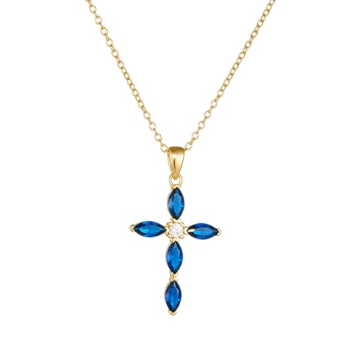 Tolldek 14K Gelbgold 585 Kette Damen Hochzeit, Anhänger Damenkette Kreuz mit Labor Erstellt Saphir Marquiseschliff Blau, Halskette Frauen Au585 Gold Echtschmuck, 40+5 von Tolldek