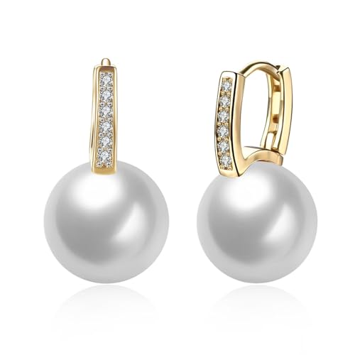 Tolldek 14K Gold 585 Schmuck Damen Ohrringe, Perle Klassiker Ohrhänger, Gelbgold Au585 Damen Ohrstecker mit Diamant Echter Schmuck von Tolldek