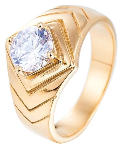 Tolldek 14MM Edelstahl Eheringe Herren, 4-Steg-Krappenfassung Solitärring Verlobungsring Zirkonia, Hochzeitsring Punk Rock, Gold, Gr.54 (17.2) von Tolldek