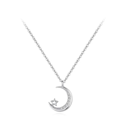 Tolldek 18 Karat 750 Weißgold Halskette Damen, Stern Mond Damenkette Anhänger mit Moissanit Rundschliff Weiß, 18K Gold Ketten für Frauen Echt Goldschmuck, 40+5 von Tolldek