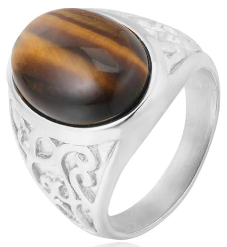 Tolldek 19MM Edelstahl Eheringe Herren, Retro Filigraner mit Oval Stein Pärchen Ringe, Partnerringe Punk Rock, Silber Amber, Gr.57 (18.1) von Tolldek