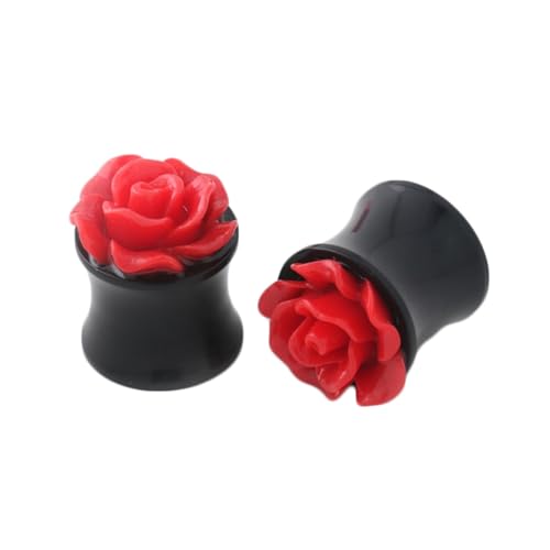 Tolldek 2 Stücke 8mm Herren Tunnel Set, Rose Blumen Flexible Dünne Double Flared Tunnel, Rot Ohrringe für Damen Mädchen Körper-Piercing Schmuck von Tolldek