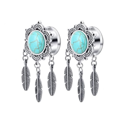 Tolldek 6mm Ohr Plugs 2pcs, Türkis mit Vintage Blätter Anhänger Flexible Dünne Ear Tunnel Plug, Edelstahl Silber Ohrringe für Damen Körper Piercing Schmuck von Tolldek