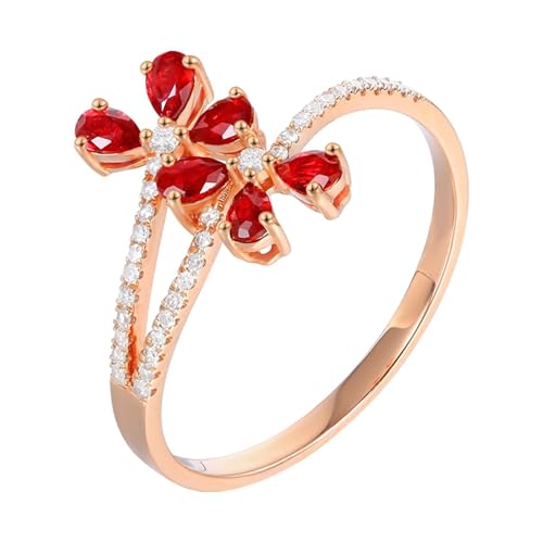 Tolldek 750 Rose Gold Pärchen Ringe, Damen Doppel Blumen Trauringe mit Labor Erstellt Rubin 0.43ct Rot, 18K Gold Freundschaftsringe Echt Goldschmuck mit Moissanit, Gr.61 (19.4) von Tolldek