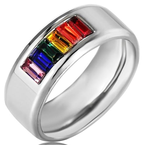 Tolldek 8MM Edelstahl Verlobungsring Herren, Regenbogen Antragsring Zirkonia, Bandringe Punk Rock, Silber, Gr.65 (20.7) von Tolldek