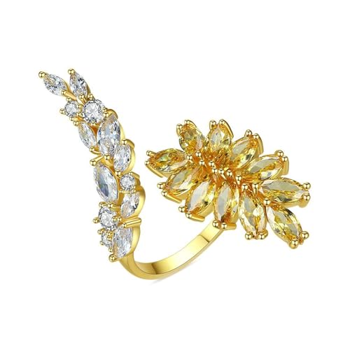 Tolldek 9 Karat Gelbgold 375 Solitärring, Weiß Gelb Citrin Blätter Zweigstelle Eheringe Marquiseschliff, 9K Gold Ring mit Moissanit Echt Schmuck, 47 (15.0) von Tolldek