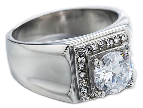 Tolldek Antragsring Edelstahl Herren 12MM, 4-Steg-Krappenfassung Solitärring Trauringe Zirkonia, Eheringe Punk Rock, Silber, Gr.65 (20.7) von Tolldek